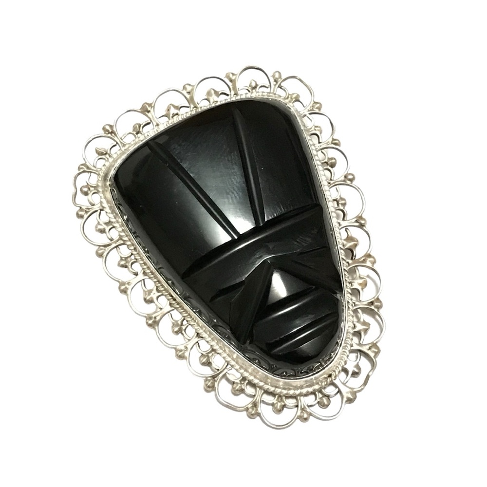 Sterling Silver Black Onyx Carved Mask Brooch Filigree Border Mexico Signed 26g